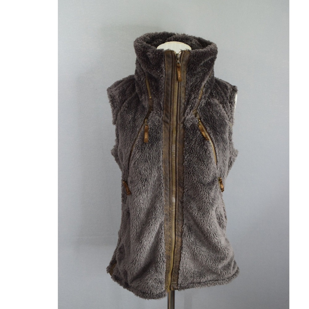KUHL Flight Vest Medium Green Brown Fleece Full Zip Stowaway Hood Women Gorpcore